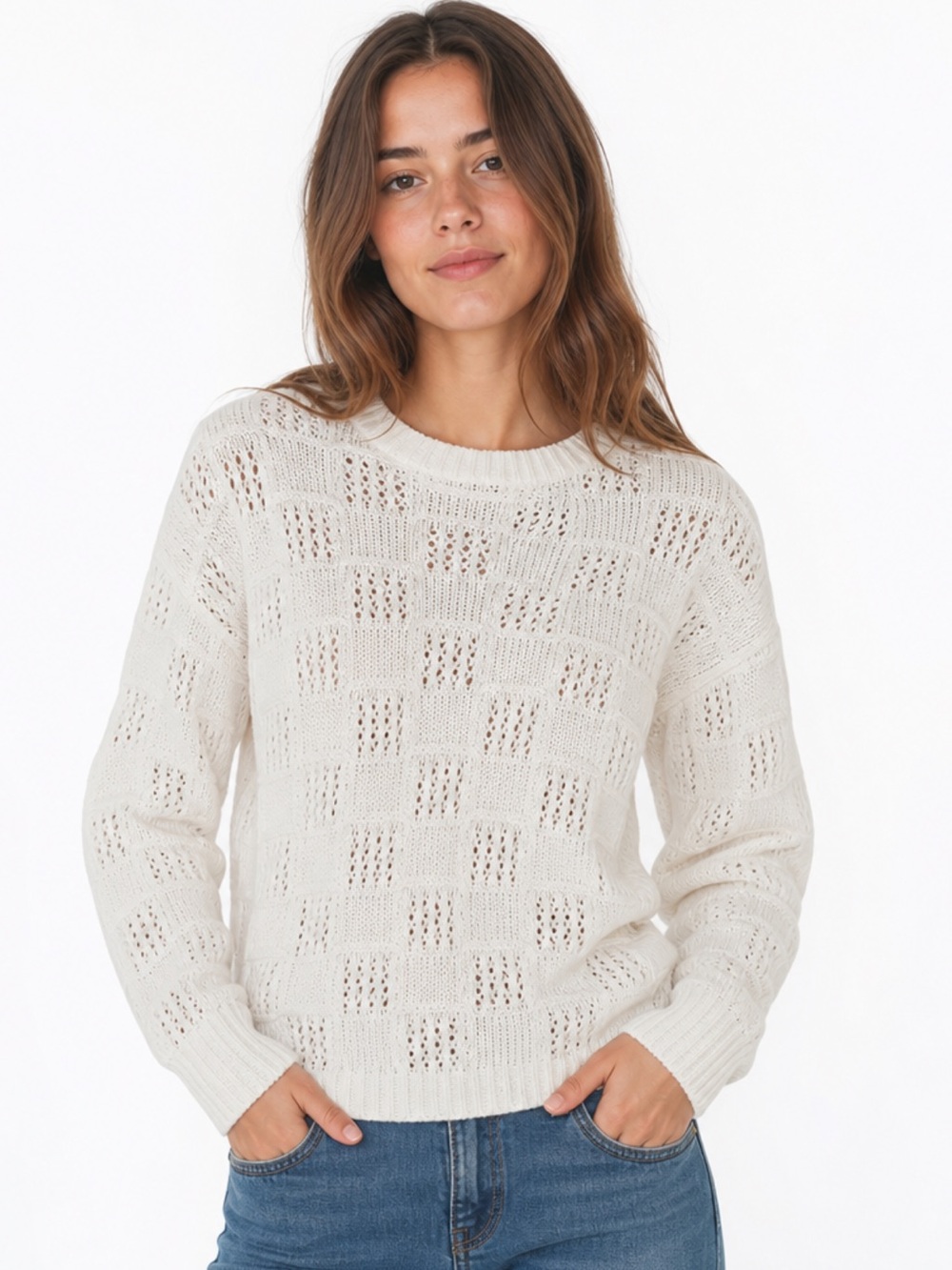 💕Banana Republic White Open Stitch Sweater M Minimalist Capsule Timeless EUC